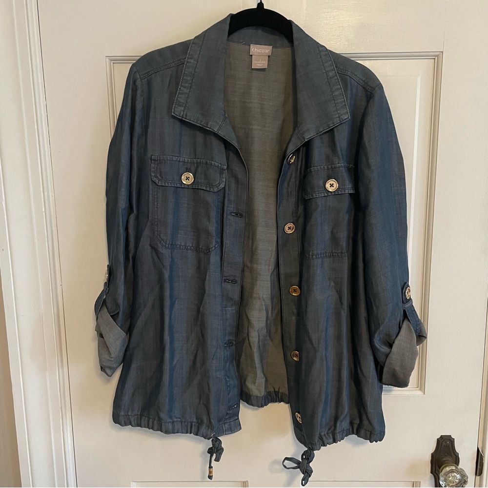 Chico's Blue Jean Jacket with Button Accents